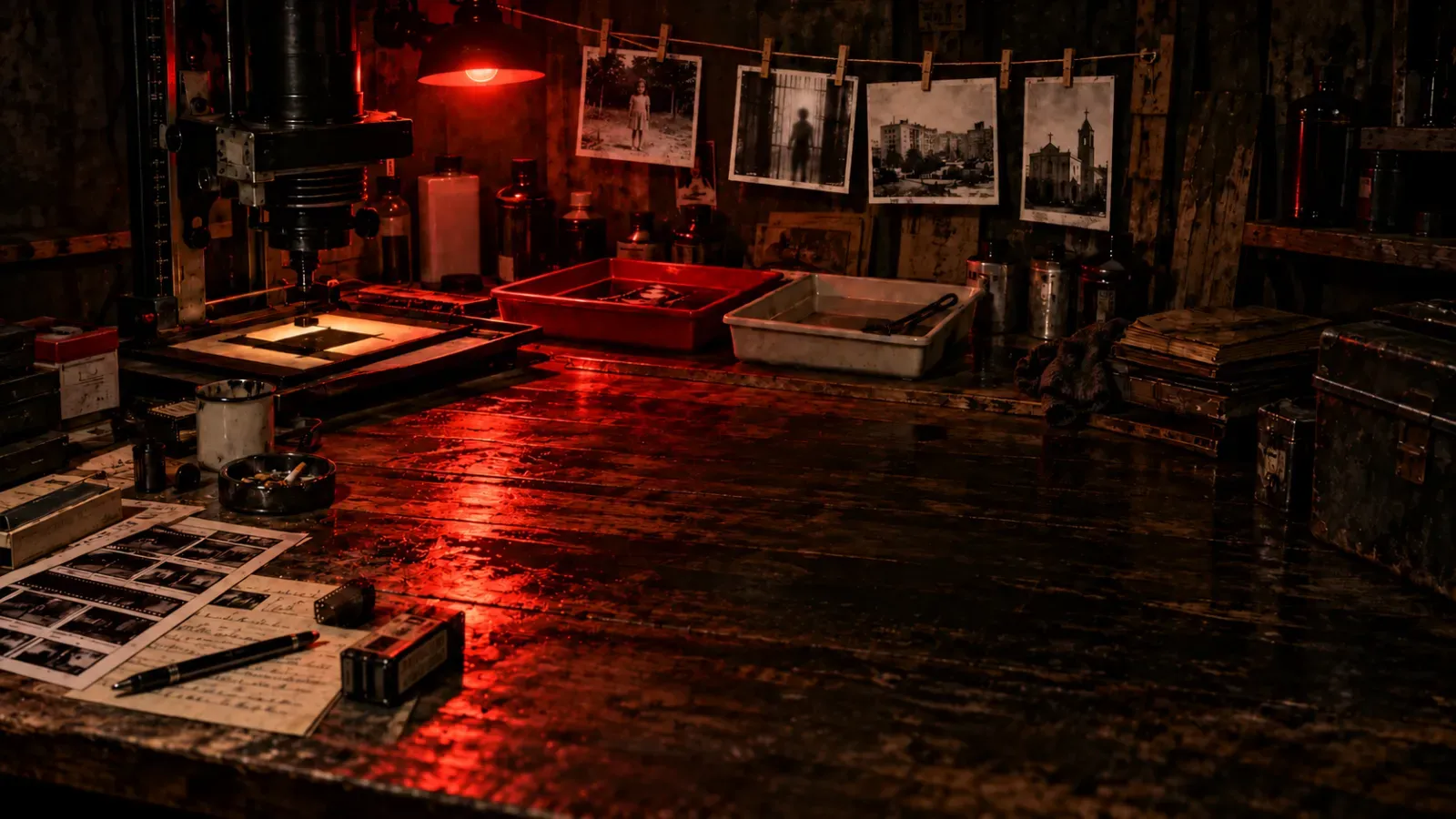 Negativi — darkroom bench under safelight